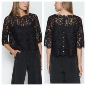 Joie 'Elvia" Scalloped Fringed Lace Bateau Blouse, Caviar Black, Size Small
